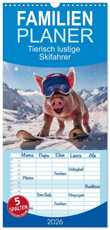 Produktbild: Familienplaner 2026 - Tierisch lustige Skifahrer mit 5 Spalten (Wandkalender, 21 x 45 cm) CALVENDO