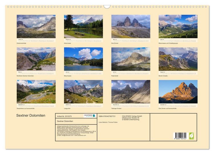 Produktbild: Sextner Dolomiten (Wandkalender 2026 DIN A2 quer), CALVENDO Monatskalender