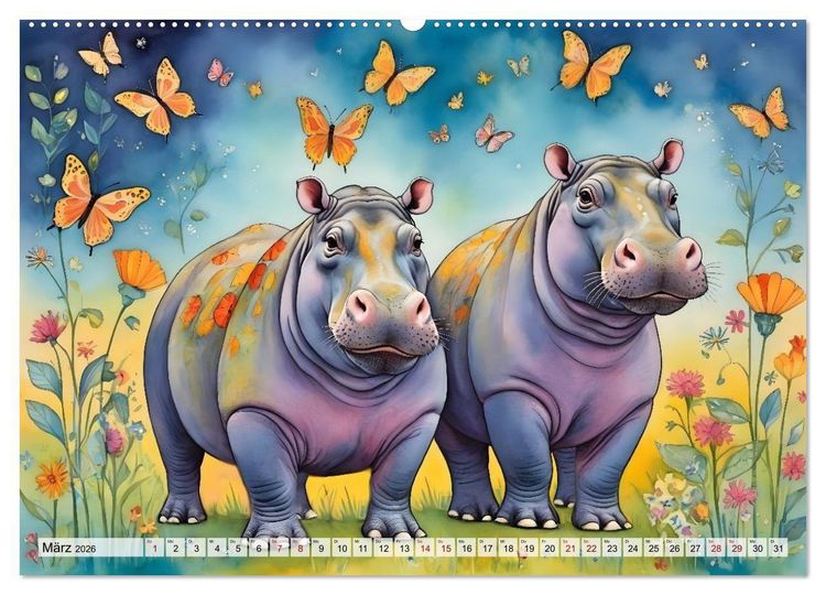 Produktbild: Hippos bekennen Farbe - kunterbunter Nilpferdspa&szlig; (hochwertiger Premium Wandkalender 2026 DIN A2 quer), Kunstdruck in Hochglanz