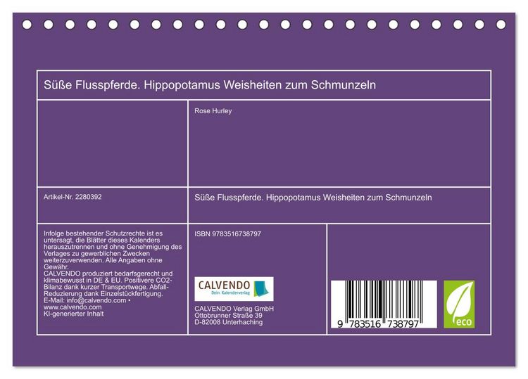 Produktbild: S&uuml;&szlig;e Flusspferde. Hippopotamus Weisheiten zum Schmunzeln (Tischkalender 2026 DIN A5 quer), CALVENDO Monatskalender