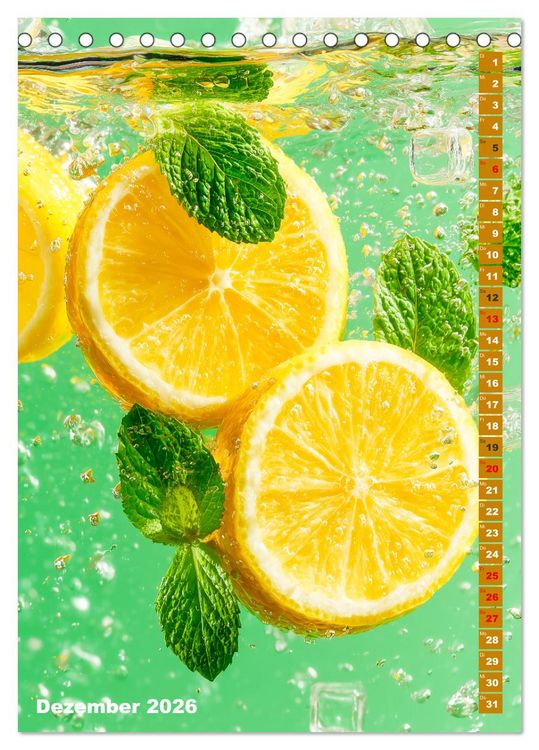 Produktbild: Fruchtige Erfrischung - K&uuml;chenkalender mit bunten Fr&uuml;chten im Wasser (Tischkalender 2026 DIN A5 hoch), CALVENDO Monatskalender