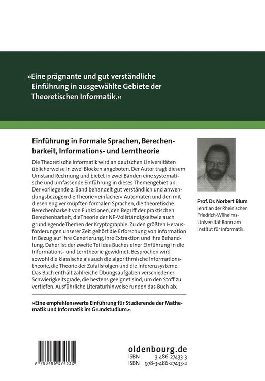 Produktbild: Einf&uuml;hrung in Formale Sprachen, Berechenbarkeit, Informations- und Lerntheorie