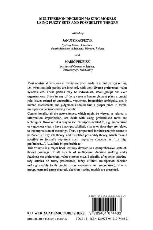 Produktbild: Multiperson Decision Making Models Using Fuzzy Sets and Possibility Theory