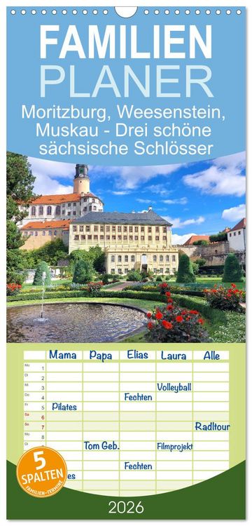 Produktbild: Familienplaner 2026 - Moritzburg, Weesenstein, Muskau - Drei sch&ouml;ne s&auml;chsische Schl&ouml;sser mit 5 Spalten (Wandkalender, 21 x 45 cm) CALVENDO