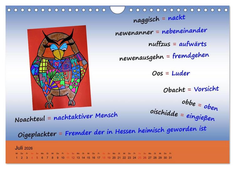 Produktbild: De Hessisch-Kalenner - hessisch babbele lerne in aam Johr (Wandkalender 2026 DIN A4 quer), CALVENDO Monatskalender