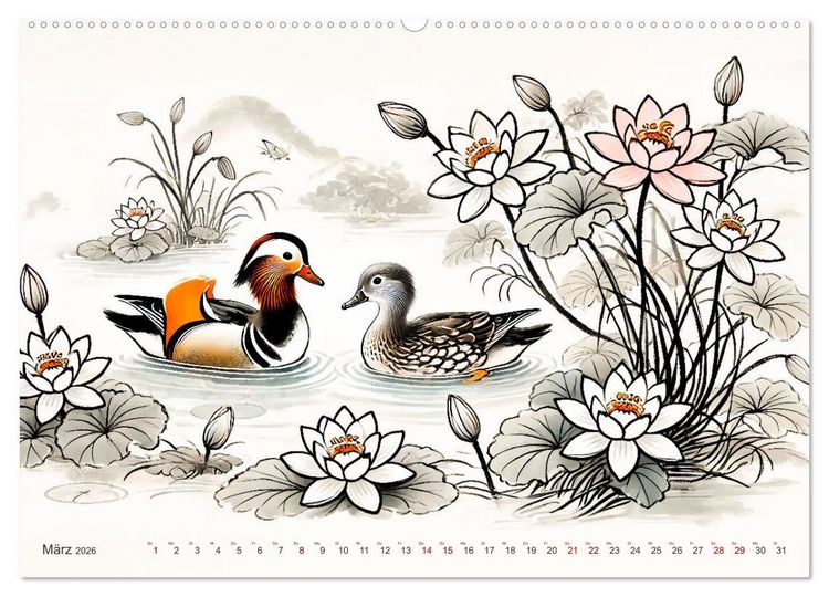 Produktbild: Federleicht - Vogelwelt im Stile asiatischer Tuschmalerei (Wandkalender 2026 DIN A2 quer), CALVENDO Monatskalender