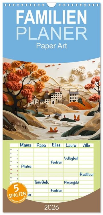 Produktbild: Familienplaner 2026 - Paper Art mit 5 Spalten (Wandkalender, 21 x 45 cm) CALVENDO