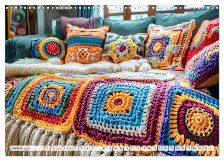 Produktbild: Granny Square Kunst - Ein Jahr voller kreativer H&auml;kelideen (Wandkalender 2026 DIN A3 quer), CALVENDO Monatskalender