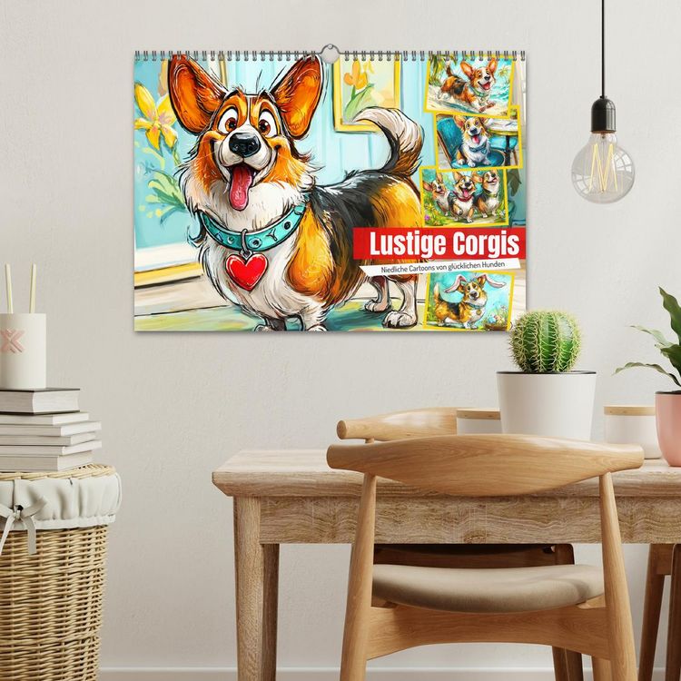Produktbild: Lustige Corgis. Niedliche Cartoons von gl&uuml;cklichen Hunden (Wandkalender 2026 DIN A3 quer), CALVENDO Monatskalender