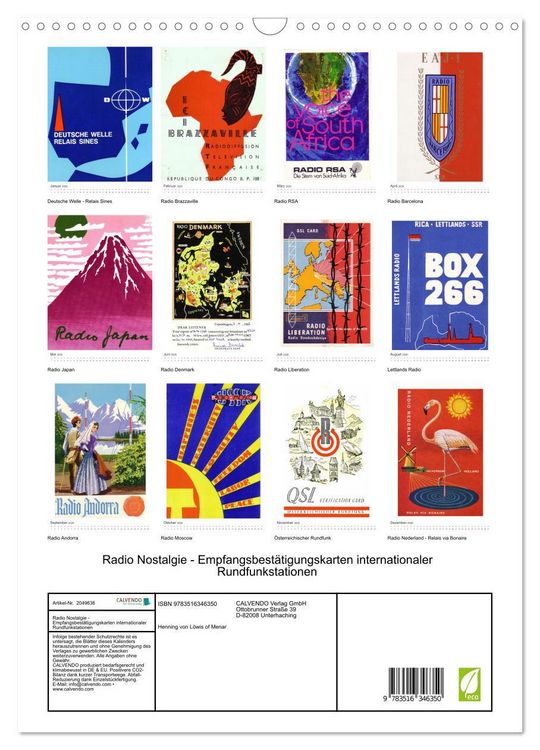 Produktbild: Radio Nostalgie - Empfangsbest&auml;tigungskarten internationaler Rundfunkstationen (Wandkalender 2026 DIN A3 hoch), CALVENDO Monatskalender