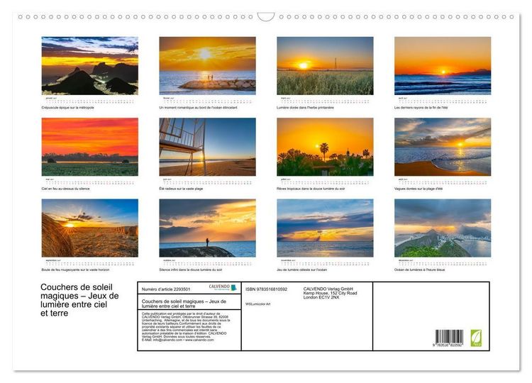 Produktbild: Couchers de soleil magiques &ndash; Jeux de lumi&egrave;re entre ciel et terre (Calendrier mural 2027 DIN A2 vertical), CALVENDO calendrier mensuel