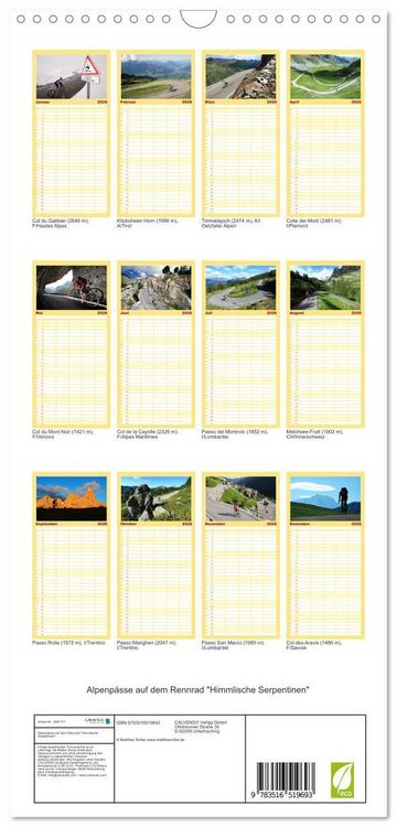Produktbild: Familienplaner 2026 - Alpenp&auml;sse auf dem Rennrad "Himmlische Serpentinen" mit 5 Spalten (Wandkalender, 21 x 45 cm) CALVENDO