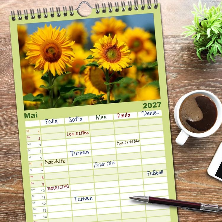 Produktbild: Familienplaner 2027 - Sonnenblumen mit 5 Spalten (Wandkalender, 21 x 45 cm) CALVENDO