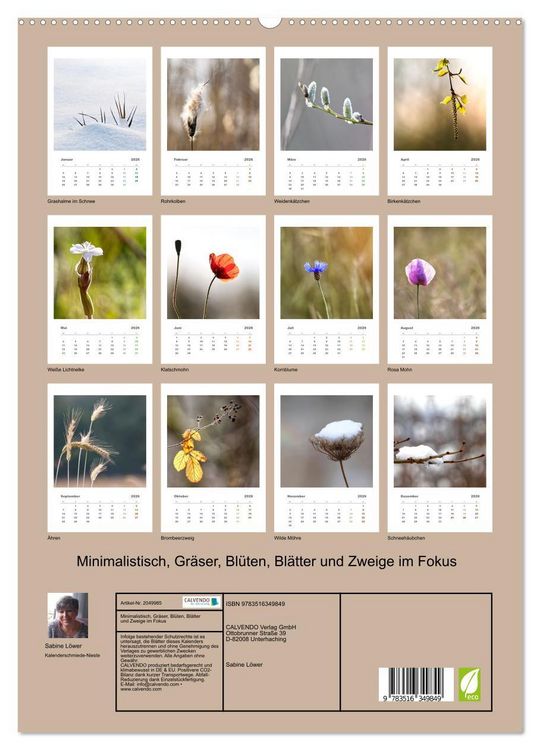 Produktbild: Minimalistisch, Gr&auml;ser, Bl&uuml;ten, Bl&auml;tter und Zweige im Fokus (hochwertiger Premium Wandkalender 2026 DIN A2 hoch), Kunstdruck in Hochglanz