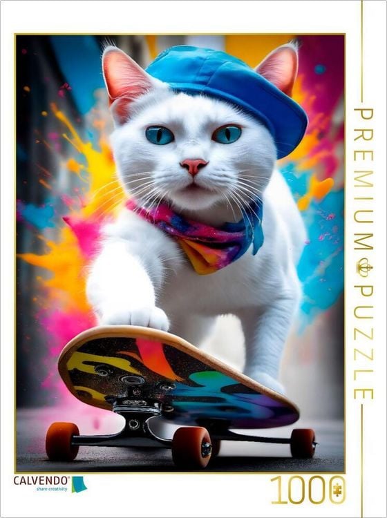 Produktbild: CALVENDO Puzzle Katze beim Outdoorsport - Skateboard fahren | 1000 Teile Lege-Gr&ouml;&szlig;e 64x48cm Foto-Puzzle f&uuml;r gl&uuml;ckliche Stunden