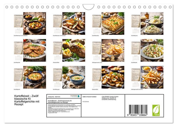 Produktbild: Kartoffelzeit - Zw&ouml;lf klassische KI Kartoffelgerichte mit Rezept (Wandkalender 2026 DIN A4 quer), CALVENDO Monatskalender