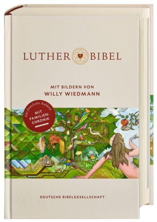 Produktbild: Lutherbibel mit Bildern von Willy Wiedmann. Mit Apokryphen und Familienchronik. Altes und Neues Testament mit den sch&ouml;nsten Bibel-Bildern des Stuttgarter K&uuml;nstlers auf 36 Farbseiten.