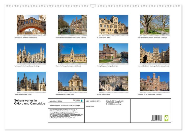 Produktbild: Sehenswertes in Oxford und Cambridge (Wandkalender 2026 DIN A2 quer), CALVENDO Monatskalender