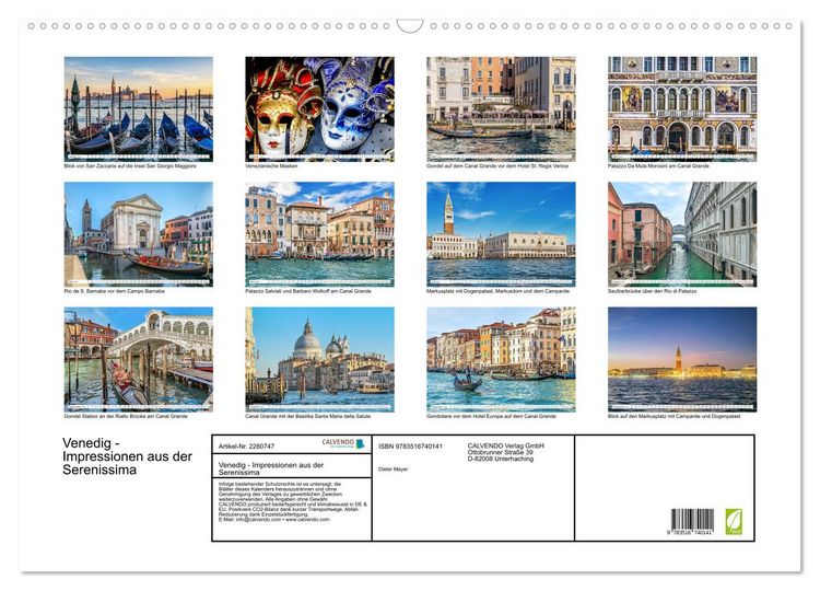 Produktbild: Venedig - Impressionen aus der Serenissima (Wandkalender 2026 DIN A2 quer), CALVENDO Monatskalender