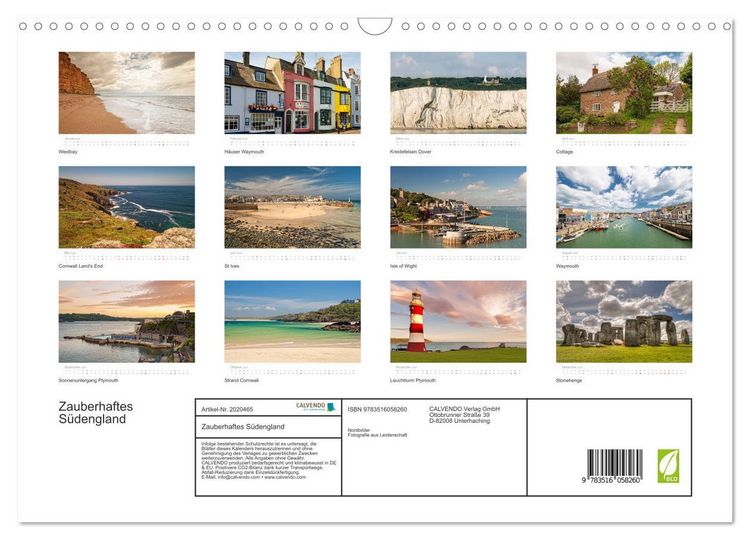 Produktbild: Zauberhaftes S&uuml;dengland (Wandkalender 2026 DIN A3 quer), CALVENDO Monatskalender
