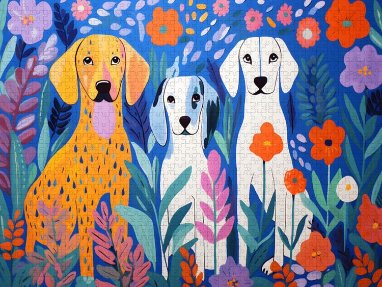 Produktbild: CALVENDO Puzzle Drei Hunde sitzen zwischen Blumen im Garten | 2000 Teile Lege-Gr&ouml;&szlig;e 90x67cm Foto-Puzzle f&uuml;r gl&uuml;ckliche Stunden