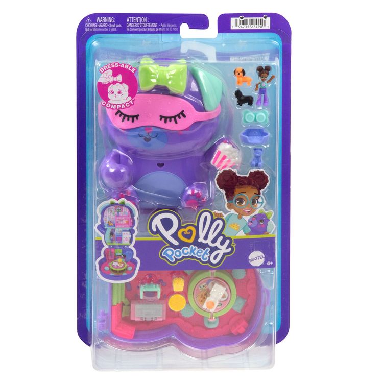 Produktbild: Polly Pocket &Uuml;bernachtungsparty-Welpen-Spielset mit 1 kleinen Puppe und zwei H&uuml;ndchen, Spielzeug f&uuml;r unterwegs mit Zubeh&ouml;r f&uuml;r Mode und Essen