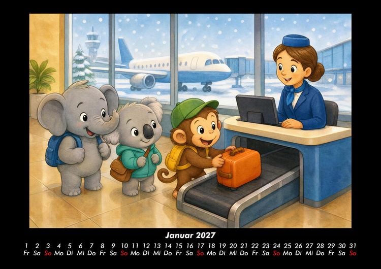 Produktbild: Ein Tag am Flughafen mit Milo, Kiki & Raffi 2027 Fotokalender DIN A3