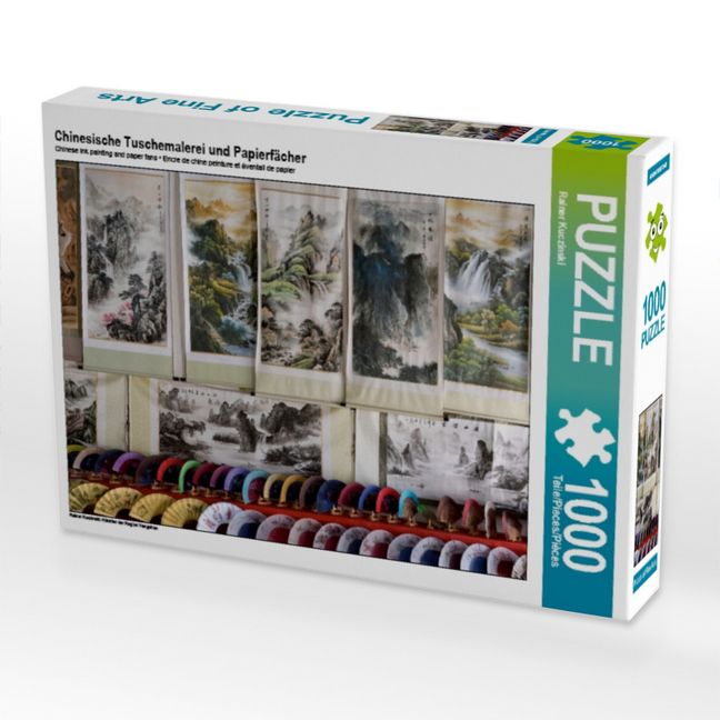 Produktbild: CALVENDO Puzzle Chinesische Tuschemalerei und Papierf&auml;cher | 1000 Teile Lege-Gr&ouml;&szlig;e 64x48cm Foto-Puzzle f&uuml;r gl&uuml;ckliche Stunden