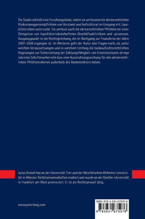 Produktbild: Die Steuerung von Liquidit&auml;tsrisiken im Aktienrecht und Bankaufsichtsrecht