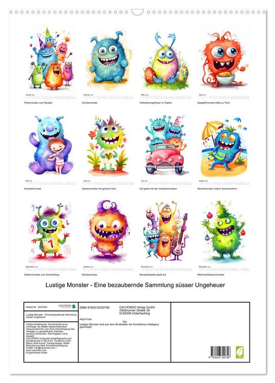Produktbild: Lustige Monster - Eine bezaubernde Sammlung s&uuml;sser Ungeheuer (Wandkalender 2026 DIN A2 hoch), CALVENDO Monatskalender