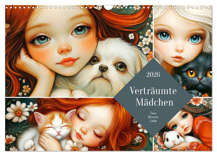 Produktbild: Vertr&auml;umte M&auml;dchen. Tiere, Blumen, Liebe. (Wandkalender 2026 DIN A3 quer), CALVENDO Monatskalender