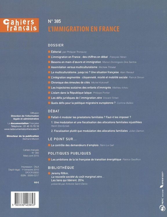 Produktbild: Cahiers Francais ; l'Immigration en France