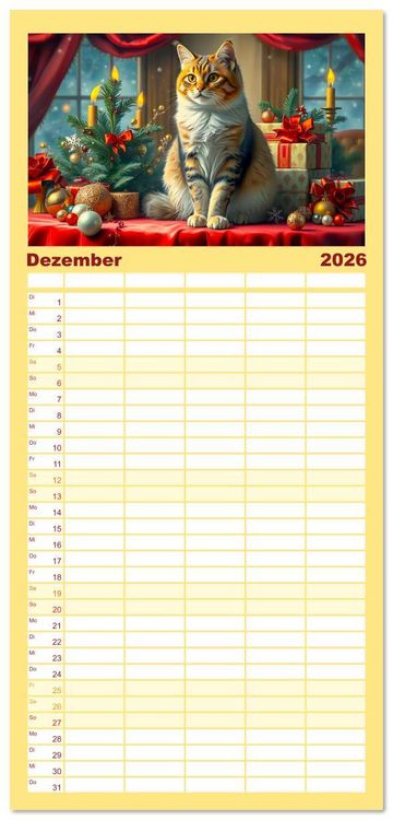 Produktbild: Familienplaner 2026 - Klassische Katzenportr&auml;ts - Katzen in opulenten Stillleben mit 5 Spalten (Wandkalender, 21 x 45 cm) CALVENDO