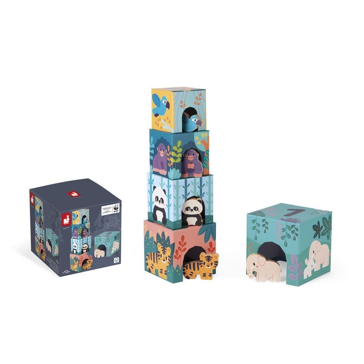 Produktbild: 5-st&ouml;ckige Tierpyramide aus Pappe mit 5 Holzfiguren &ndash; Stapelspiel ab 1 Jahr