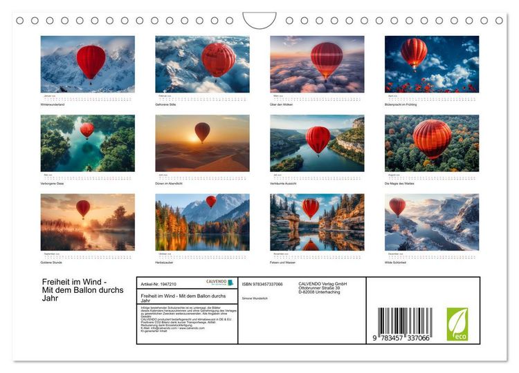 Produktbild: Freiheit im Wind - Mit dem Ballon durchs Jahr (Wandkalender 2026 DIN A4 quer), CALVENDO Monatskalender
