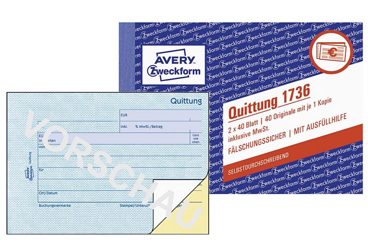 Produktbild: AVERY Zweckform Quittung inkl. MwSt. selbstdurchschreibend DIN A6 quer 2x40 Blatt
