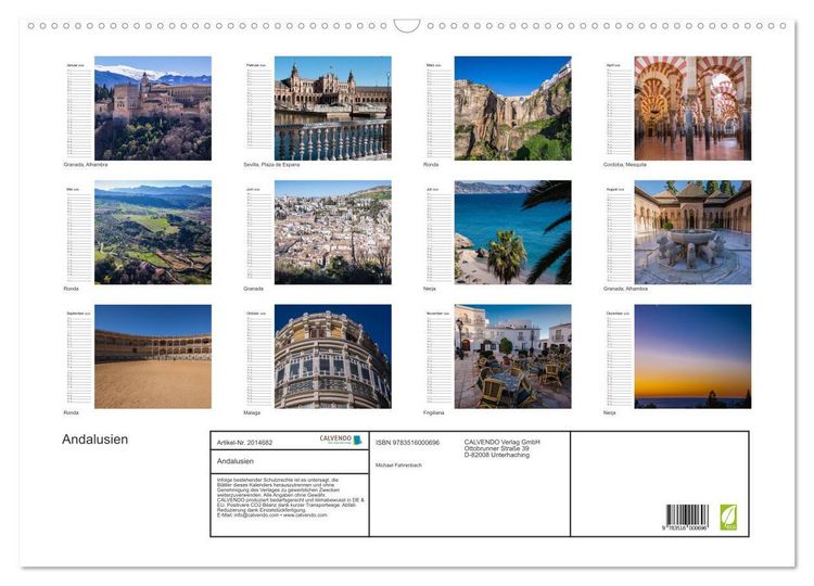 Produktbild: Andalusien (Wandkalender 2026 DIN A2 quer), CALVENDO Monatskalender