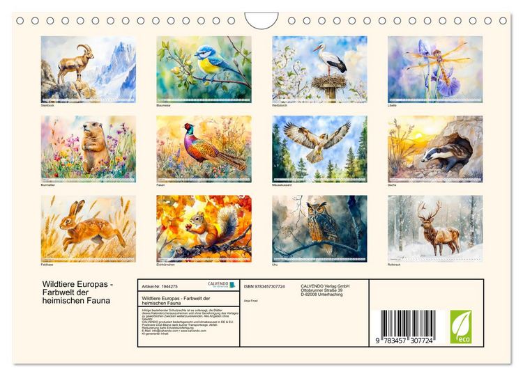 Produktbild: Wildtiere Europas - Farbwelt der heimischen Fauna (Wandkalender 2026 DIN A4 quer), CALVENDO Monatskalender