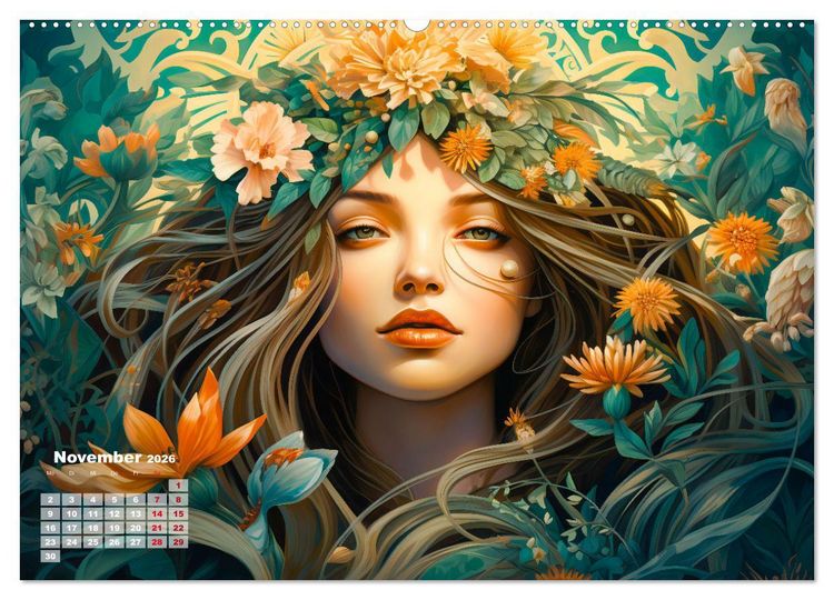 Produktbild: Bl&uuml;tenzauber - Farbenfrohe Illustrationen der G&ouml;ttin Flora (hochwertiger Premium Wandkalender 2026 DIN A2 quer), Kunstdruck in Hochglanz
