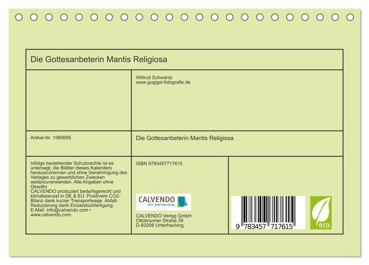 Produktbild: Die Gottesanbeterin Mantis Religiosa (Tischkalender 2026 DIN A5 quer), CALVENDO Monatskalender