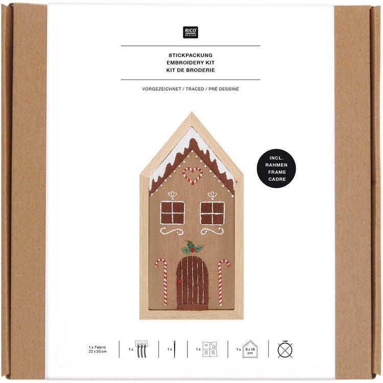 Produktbild: Stickpackung vorgezeichnet, Lebkuchenhaus, klein, inkl. Dekostickrahmen, 9x18cm