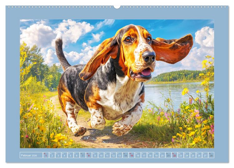 Produktbild: Schlappohren-Zauber. Fr&ouml;hliche Bassets in bunten Momenten (hochwertiger Premium Wandkalender 2026 DIN A2 quer), Kunstdruck in Hochglanz