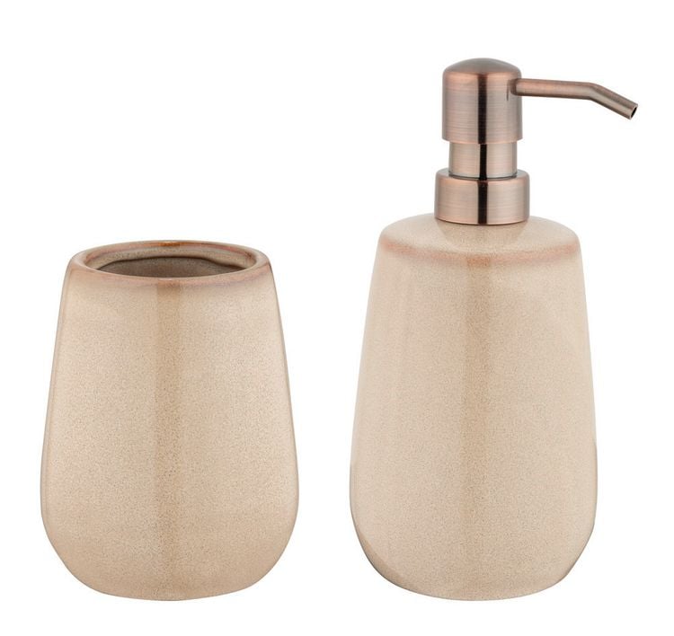MSV Bad Accessoires 3-teilig – Keramik Seifenspender, Seifenschale & Zahnputzbecher In Beige – Elegantes Set Für Bad, Gäste-WC Oder Waschraum – Stilvoll & Praktisch