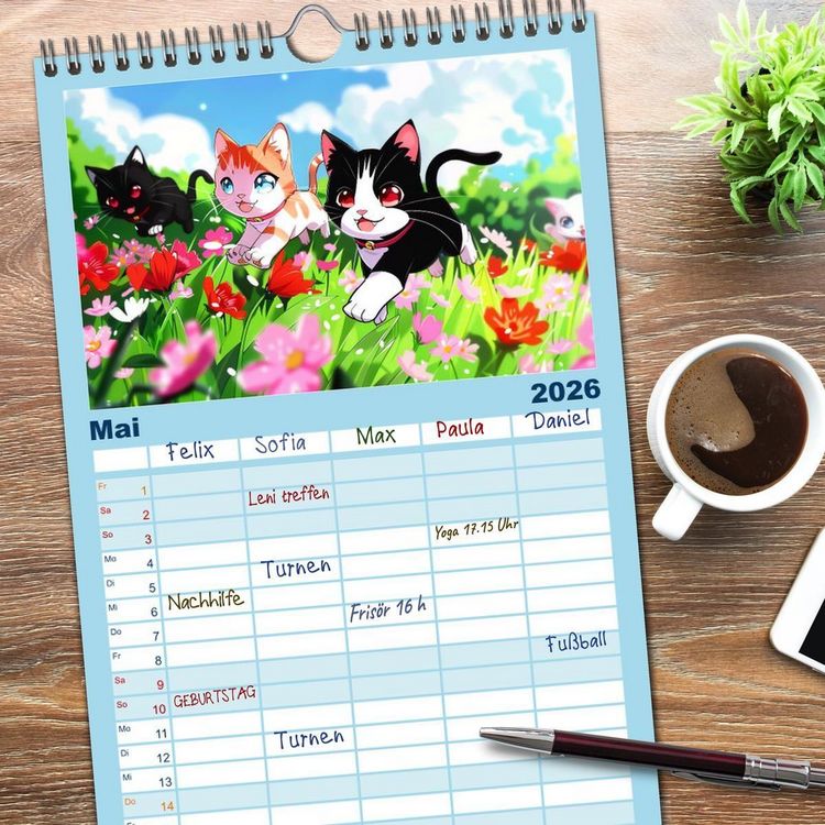 Produktbild: Familienplaner 2026 - Anime Cats mit 5 Spalten (Wandkalender, 21 x 45 cm) CALVENDO