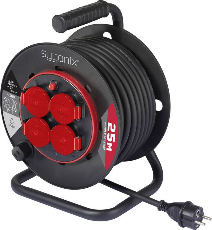 Produktbild: Sygonix SY-10236135 Kabeltrommel 25m Schwarz Schutzkontakt-Stecker
