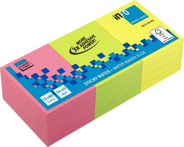 Produktbild: inFO PowerNotes Brillantmix 3 Bl&ouml;cke a 80 Blatt pink gr&uuml;n gelb 12x50x40mm