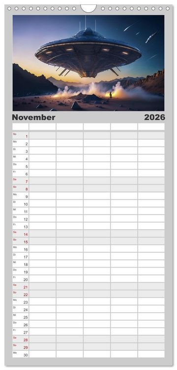 Produktbild: Familienplaner 2026 - Fliegende Untertasse - Die gro&szlig;e Fantasiereise mit 5 Spalten (Wandkalender, 21 x 45 cm) CALVENDO