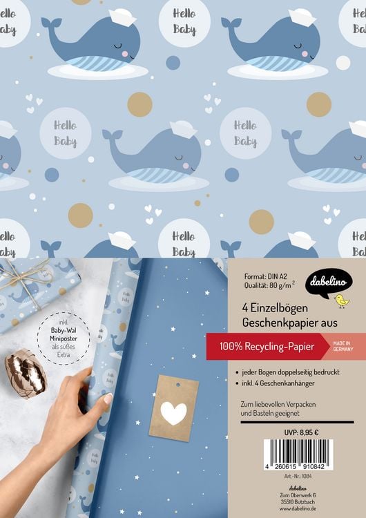 Produktbild: Geschenkpapier-Set zur Geburt f&uuml;r Baby-Jungen: Motiv "Wal"