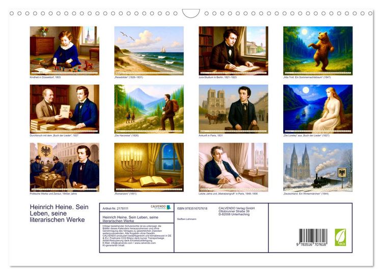 Produktbild: Heinrich Heine. Sein Leben, seine literarischen Werke (Wandkalender 2026 DIN A3 quer), CALVENDO Monatskalender