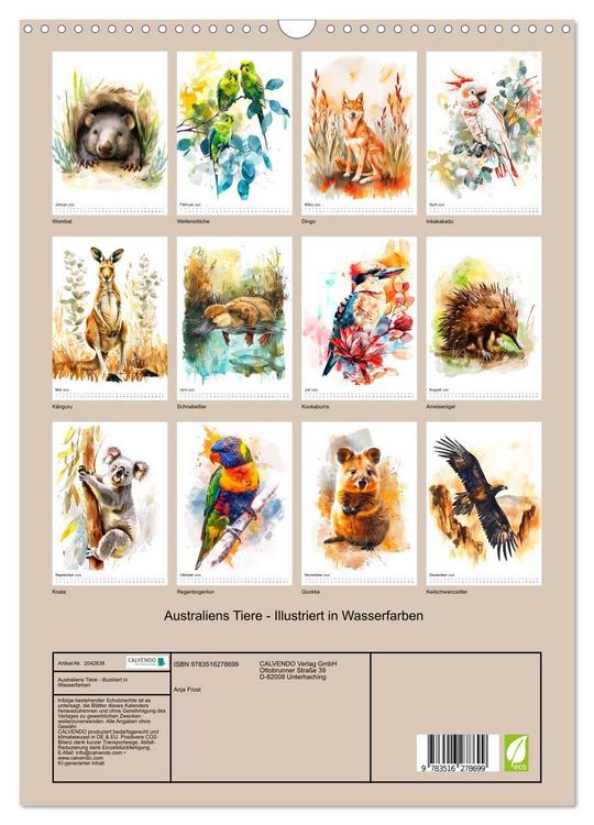 Produktbild: Australiens Tiere - Illustriert in Wasserfarben (Wandkalender 2026 DIN A3 hoch), CALVENDO Monatskalender